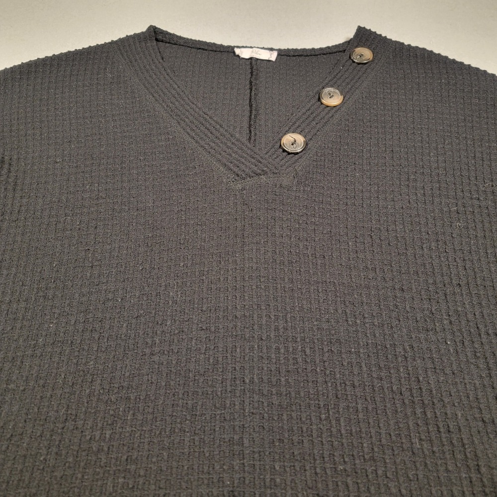 Willow Waffle Knit Top Size Medium Black Made In USA V Neck Button 3/4 Sleeve